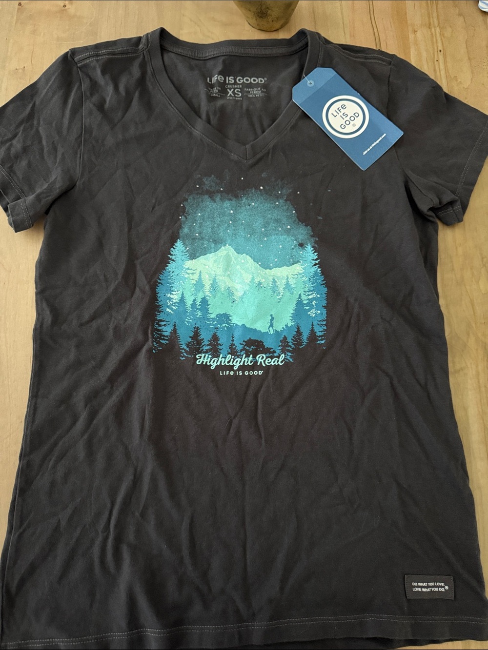 Life Is Good Black V-Neck Tee with Aqua Mountain Graphic